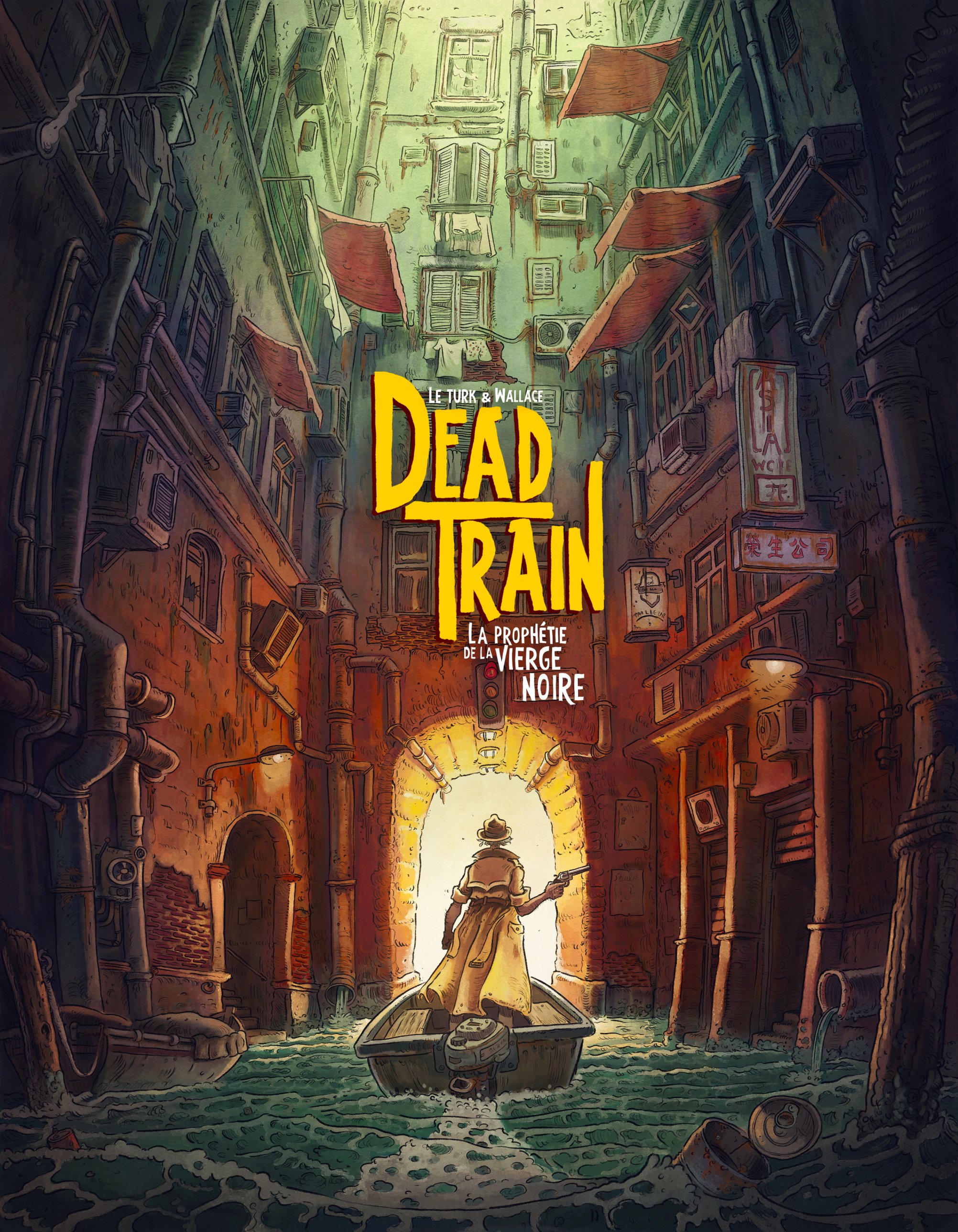Couverture de Dead Train : un homme en imperméable jaune, debout dans une barque, avance dans une ruelle inondée.