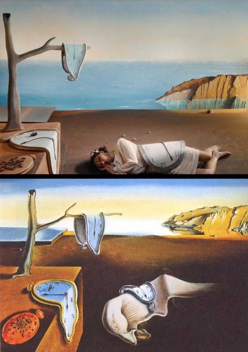 La Persistance de la mémoire de Dalí rejouée en décor, face au tableau.
