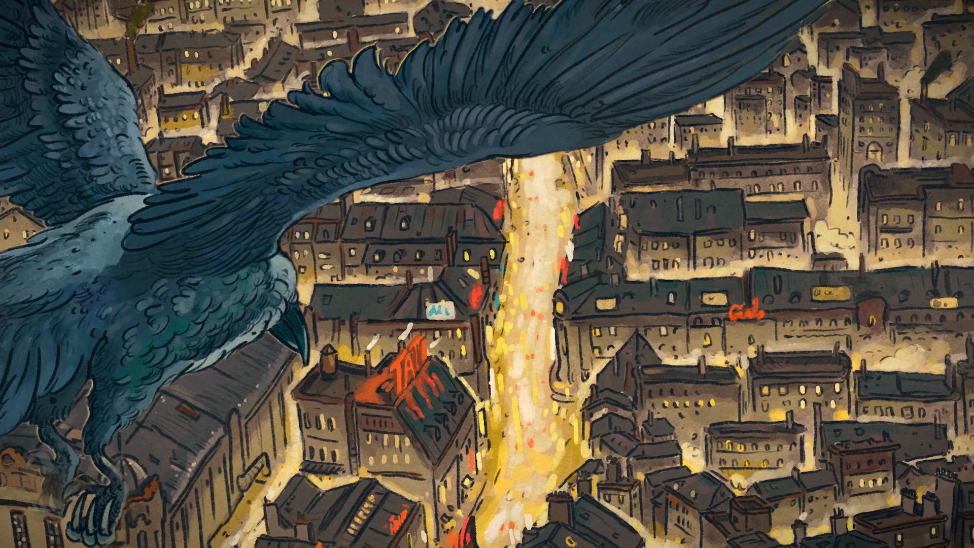 Un grand oiseau noir survole une ville en flammes, la nuit.