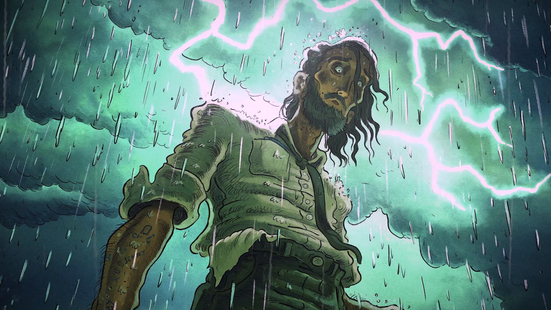 Un homme hirsute sous la pluie, la foudre derrière lui.