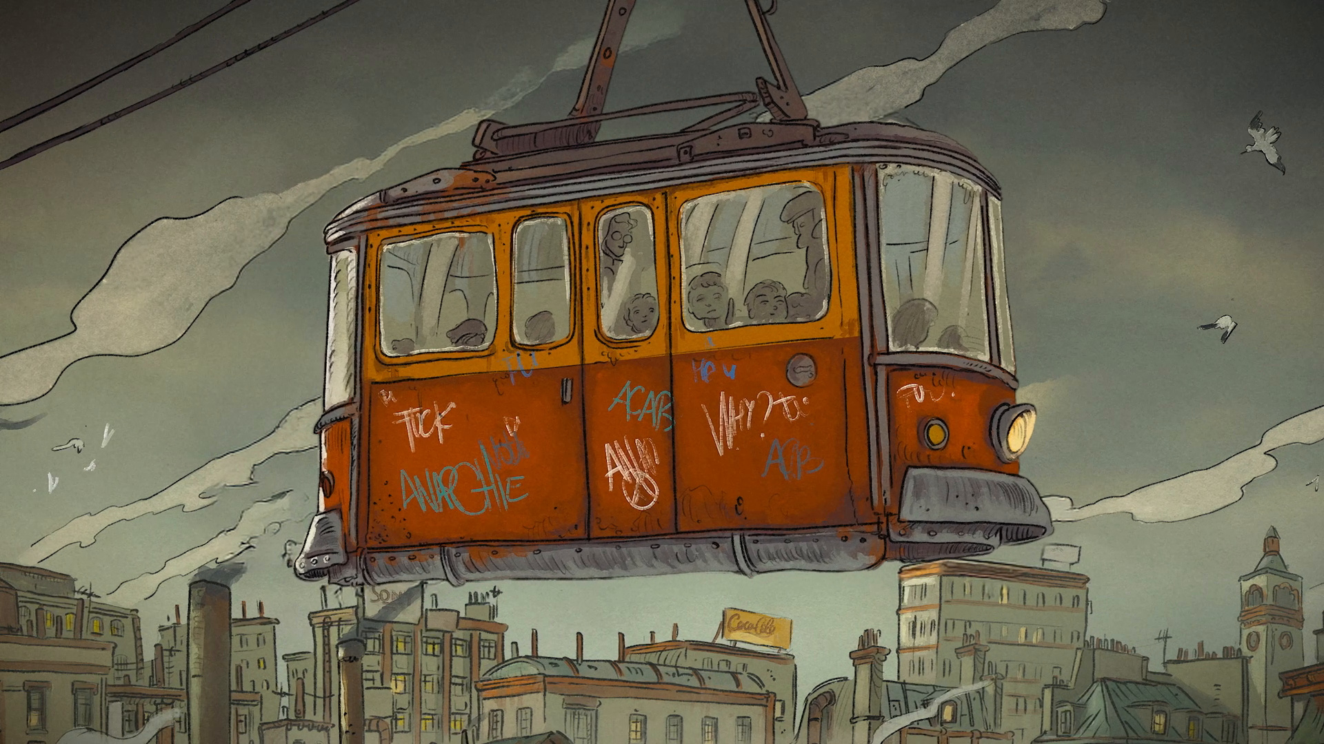 Une cabine de téléphérique orange, couverte de graffitis, au-dessus des toits.