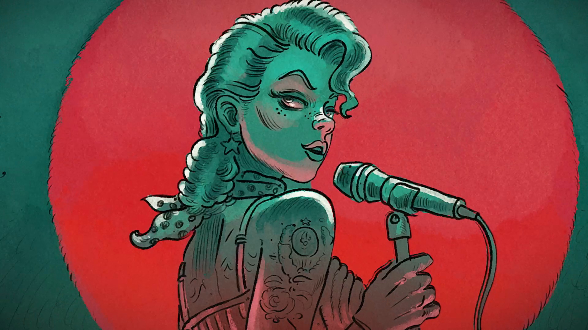 Une chanteuse à la peau verte devant un micro, sur fond rouge.