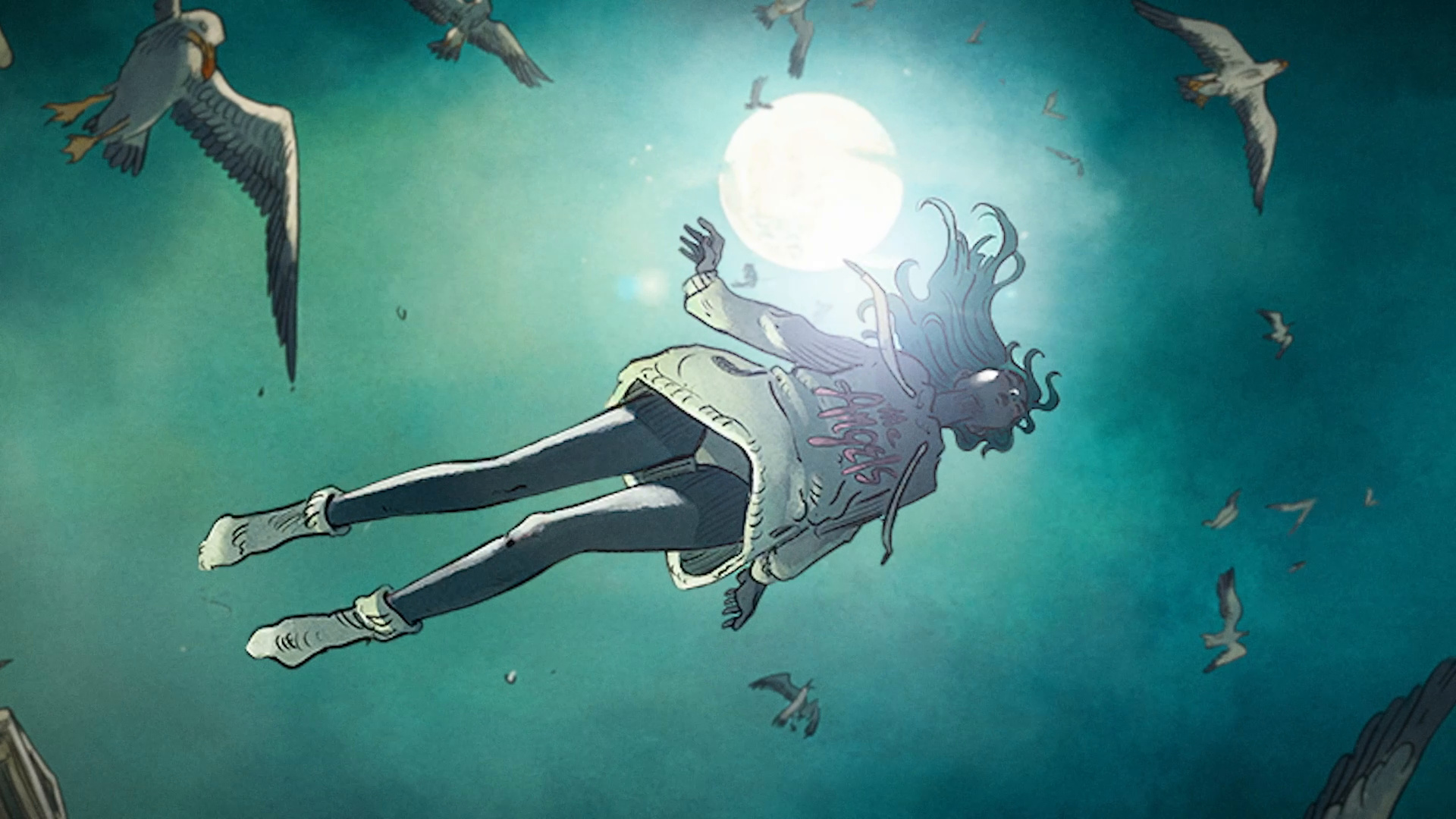 Une jeune femme tombe dans l'eau sous la lune, entourée de mouettes.