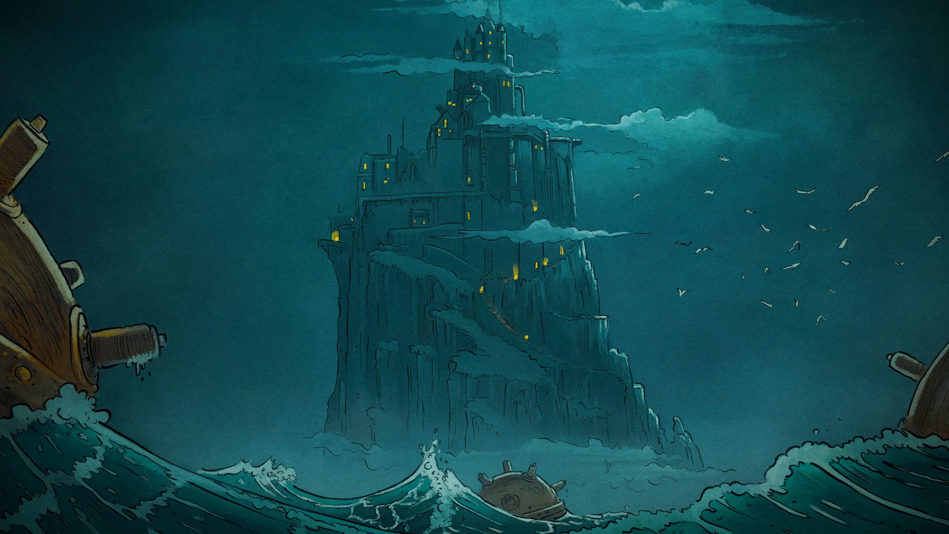 Une tour sombre surgit d'une mer déchaînée.