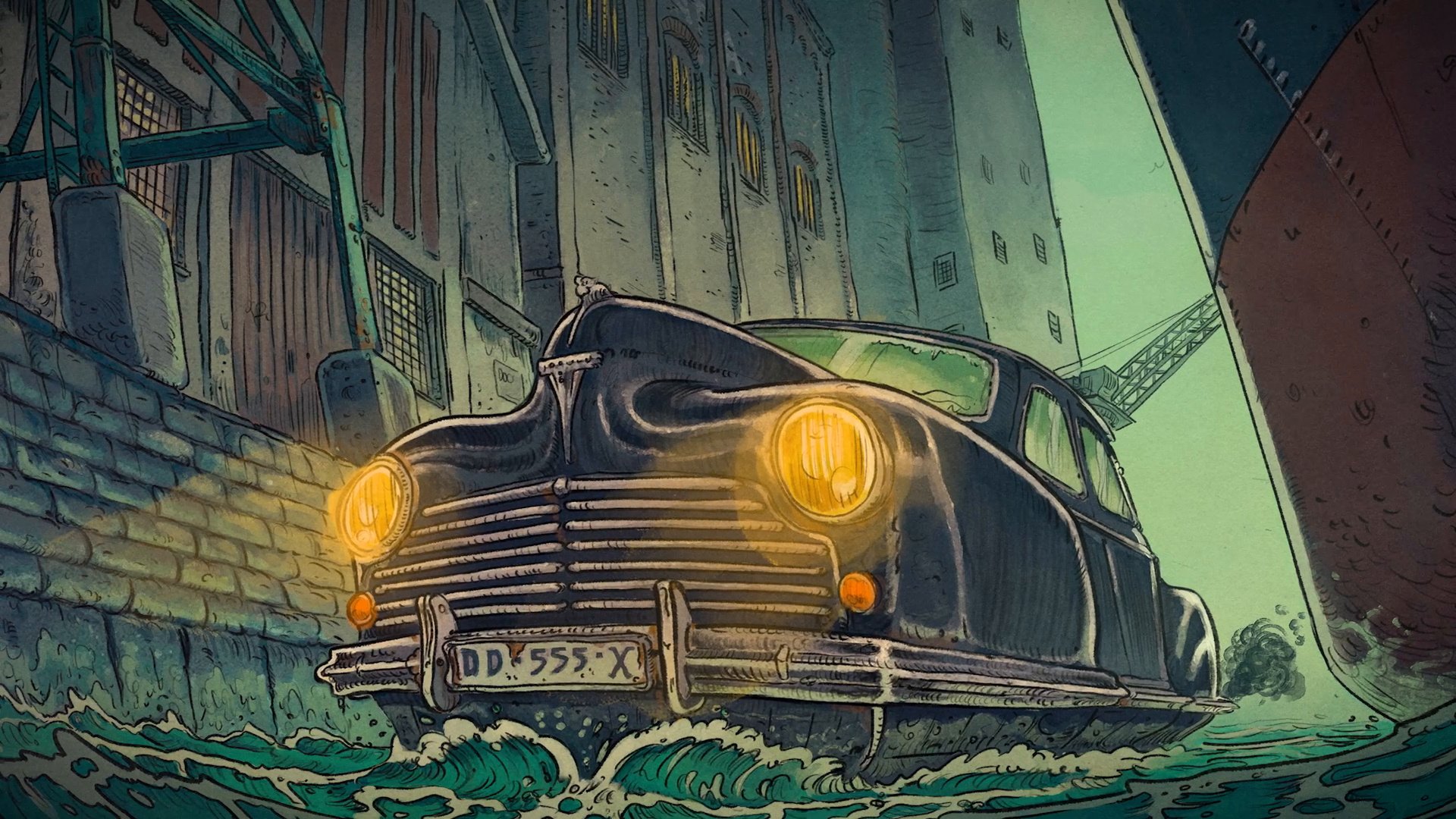 Une voiture ancienne aux phares allumés roule dans une rue inondée.